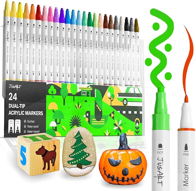 JusArt 24 Colors Acrylic Paint Markers, Dual Tip Coloring Markers with Dot and Fine Tip for Rock, Fabric, Wood, Glass, Ceramic, Canvas, Vibrant Art Supplies and DIY Crafts Art Supplies