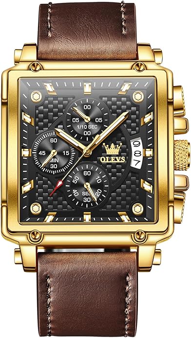 OLEVS Men's Chronograph Leather Watch, Big Face Easy to Read Analog Quartz Dress Watch, Casual Waterproof Luminous Hands Date Watches for Men, White/Blue/Black/Gold Dial