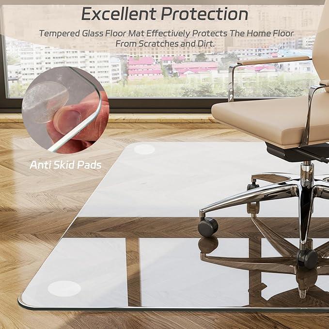 GLSLAND 48" x 60" Tempered Glass Chair Mat Rectangle Heavy-Duty Floor Protector for Carpet Hard Floors Scratch-Resistant Office Computer Desk Mat 1/5" Clear