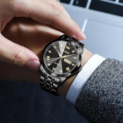 Men's Casual Stainless Steel Watch, Big Face Easy to Read Analog Quartz Watch with Day and Date, Classic Waterproof Diamond Roman Arabic Numerals Dial Dress Watch for Men, Gold Silver Black Band