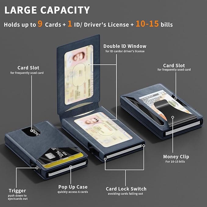 Wallet for Men Slim RFID Blocking-Metal Smart Pop-Up Credit Card Holder with 2 ID Windows, Holds 8-10 Cards,Bifold Compact Minimalist Front Pocket Wallet & Money Clip,Men's accessories (Blue)