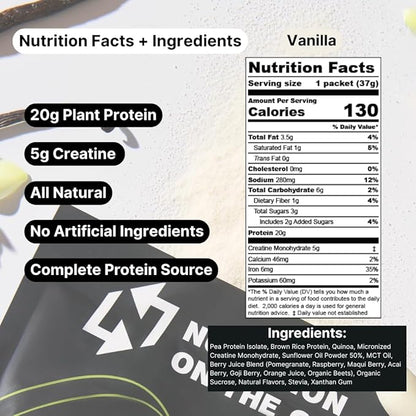 Nutrition On The Go Vegan Protein Powder Packets with Creatine – 20g Plant Proteins + 5g Creatine – Single-Serve Travel Protein Powder – All-Natural, Gluten-Free – Vanilla – (60-Pack)