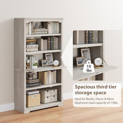 HIFYOBRO 5 Tier Bookcase Wooden 71" Tall Bookshelf with Flip-Down Door on 3rd Book Shelf, 37 in Wide Freestanding Bookshelves for Home, Office, Library (White)