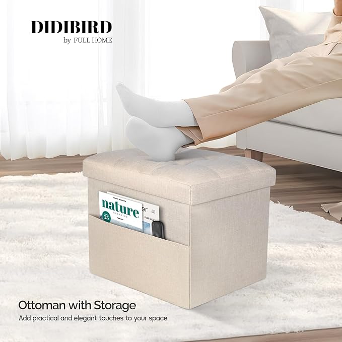 Storage Ottoman,Folding Ottomans with Storage,Linen Ottoman Foot Rest with Pocket,Foot Stool with Thicker Foam Padded for Living Room,Bedroom,Office,Dorm,287 lb Load Capacity,17x13x13in,Beige