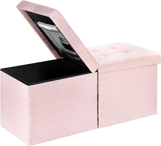 Folding Ottoman Bench with Storage - 34Inches Teddy Velvet Foot Stool Ottoman Bench, Padded Seat, Storage Chest, Blanket Store for Entryway, Livingroom and Bedroom, Pink (34" D x 13" W x 13" H)