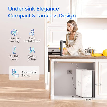 Waterdrop X12-Alkaline Mineral pH+ Tankless Reverse Osmosis System, NSF/ANSI 42&58&372 Certified, 1200 GPD RO Water Filter System, 11-Stage Filtration, 3:1 Pure to Drain, UnderSink, Black Faucet