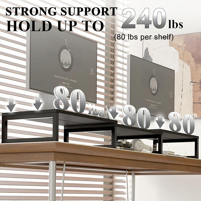 TEAMIX Dual Monitor Stand Riser for 2 Monitors, Wood & Metal Stand Adjustable Length/Angle Shelf Triple Monitor Stand for Screens/PCs/Printers/Laptops Desktop Organizer