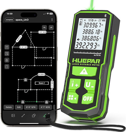 395FT Bluetoothed Green Laser Measuring Tool with Angle Sensor, Huepar 1/16in Accuracy Laser Distance Measurement Tool, Digital Laser Room Measuring Device, Laser Distance Meters