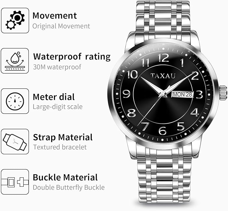 Stainless Steel Mens Watches with Day Date Quartz Analog Large Face Classic Watch Arabic Numerals Dress Luminous Rlojes para Hombres