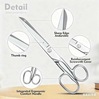 Silver Scissors for Office Multipurpose Stylish: 7 inch - Comfort Grip - Stainless Steel - Scissors with Home - School - for Cutting Paper - Open Envelopes - Cut Tape (Scissors for Office)