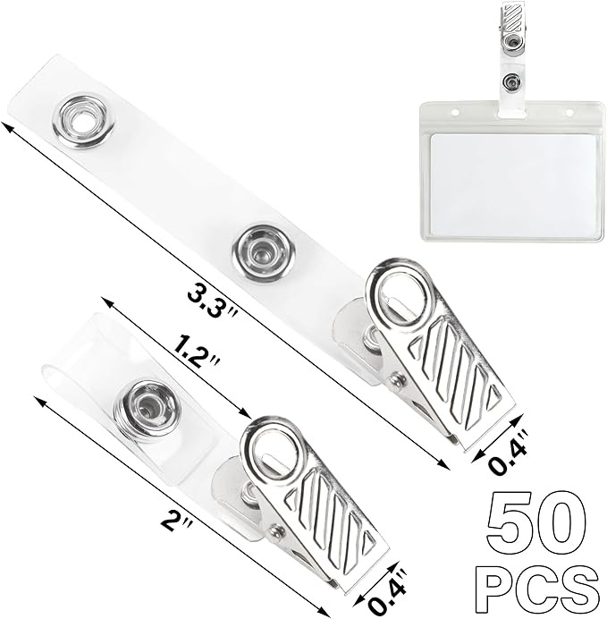 Happy Trees 50 Pcs Metal Badge Clips with Clear PVC Straps, ID Holder Clip for Badge Holders, Name Tags, ID Cards, Work Badges