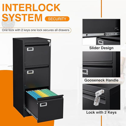 Metal Vertical File Storage Cabinet, 3 Drawer File Cabinet with Lock, 18" Deep Vertical Filing Cabinets for A4 Legal/Letter Size, Assembly Required (3 Drawer - Black)