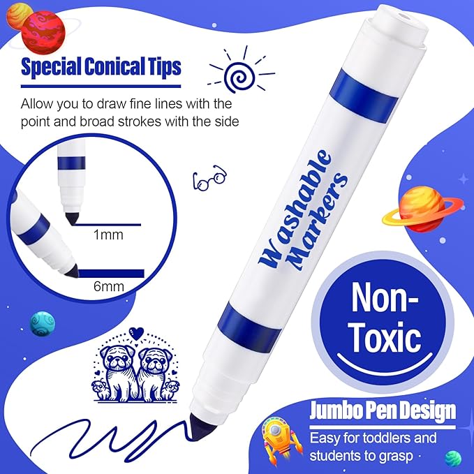 Janlaugh 24 Pcs Washable Markers Bulk Broad Line Markers Coloring Conical Tip Large pens for Kids art projects, Teachers, Students, Toddlers, Party Favors, Classrooms, Donations(Blue)
