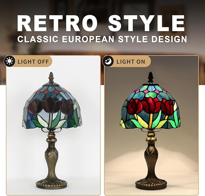Stained Glass Lamp，Tulip Style Table Lamp，8 Inch Small Antique Lamp, for Bedside Nightstand Bedroom Living Room Home Office