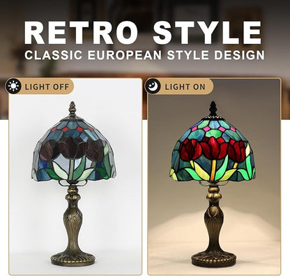 Stained Glass Lamp，Tulip Style Table Lamp，8 Inch Small Antique Lamp, for Bedside Nightstand Bedroom Living Room Home Office