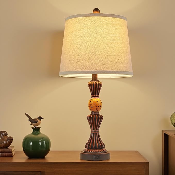 Set of 2 Modern Table Lamps with USB-C & USB Ports, Rotating Knob Switch, Linen Shade + Resin Base (Black Gold/Oil Bronze) (BW)