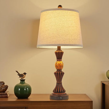 Set of 2 Modern Table Lamps with USB-C & USB Ports, Rotating Knob Switch, Linen Shade + Resin Base (Black Gold/Oil Bronze) (BW)
