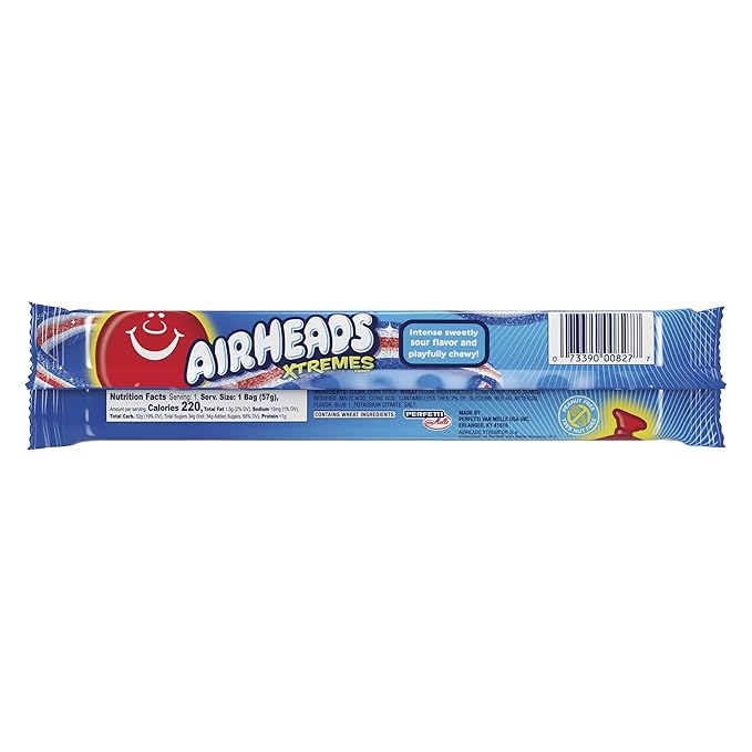 Airheads Xtremes Belts Holiday Candy, Chewy Candy Package, Christmas Stocking Stuffers for Adults & Kids, Bluest Raspberry Fruit Flavor Artificially Flavored, 2 Ounces (18-Pack)