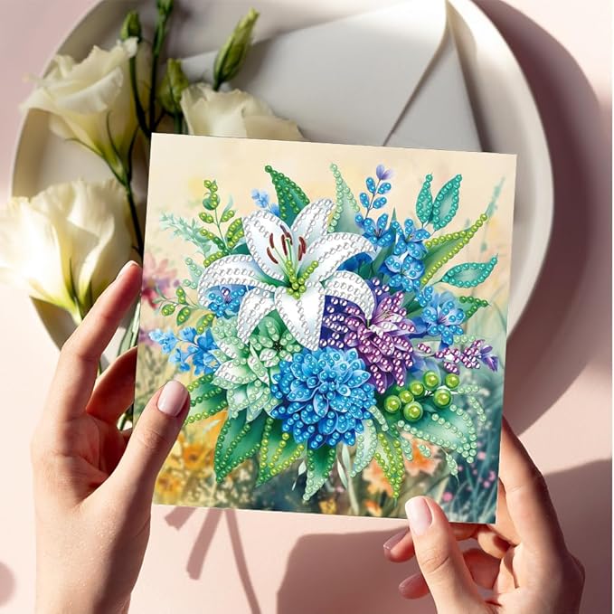 6PCS Diamond Art Painting Greeting Cards,Happy Birthday Cards with Envelopes,DIY Card Making Kits Thank You Card Arts Crafts for Birthday(Flower)