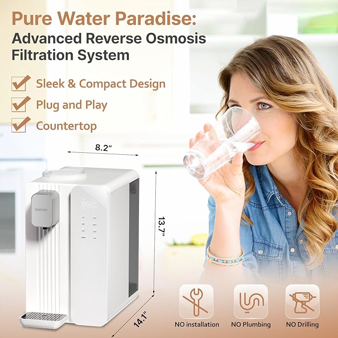 ICEPURE ICP-WFC004 Countertop Reverse Osmosis System, Instant Hot Water Dispenser, 3-Stage RO Water Filter, 3:1 Pure to Drain, Water Purifier for Home, 4 Temperature Options, No Installation Required