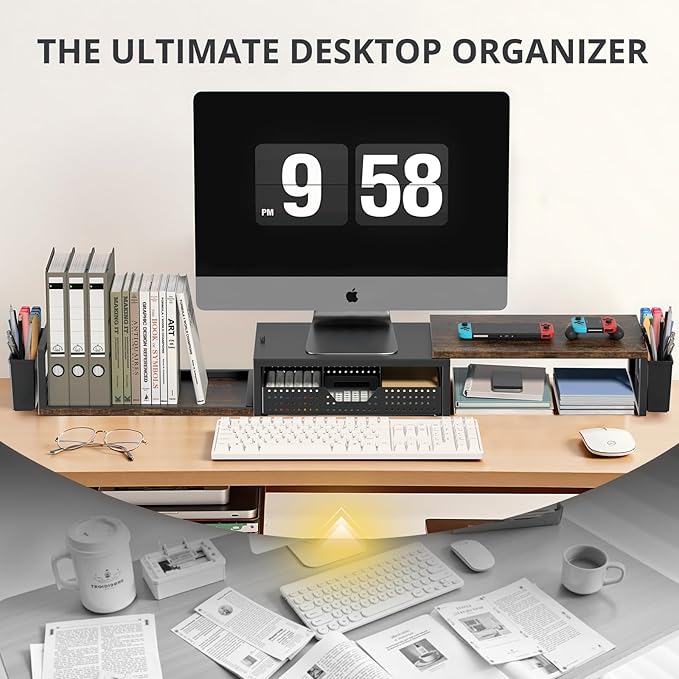 OPNICE Desk Dual Monitor Stand Riser - Desk Organizer with Drawer and Pen Holders, Office Desk Accessories & Workspace Organization, Computer Monitor Stand for Laptop, Printer, TV, Office Decor, Wood