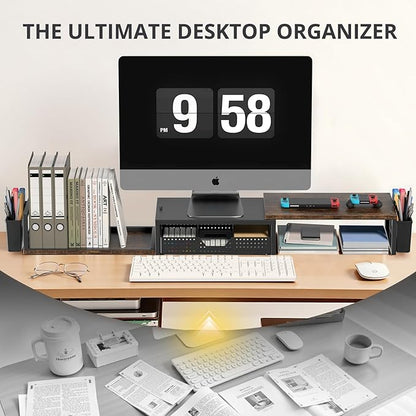 OPNICE Desk Dual Monitor Stand Riser - Desk Organizer with Drawer and Pen Holders, Office Desk Accessories & Workspace Organization, Computer Monitor Stand for Laptop, Printer, TV, Office Decor, Wood