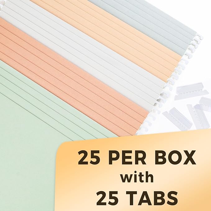 SUNEE Hanging File Folders Letter Size, Pastel Colors, 25 Count Letter Size File Folders with 1/5-cut Tabs, Heavy Duty 1 Inch Expansion, Stay Organized for Your Home and Office Bulk File