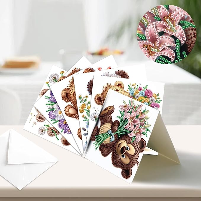 jinglinhh 12pcs Diamond Art Painting Flower Bear Greeting Cards with Envelopes, DIY Card Making Kits for Adults, Diamond Art Christmas Cards for Birthday Holiday Postcards Craft Gifts