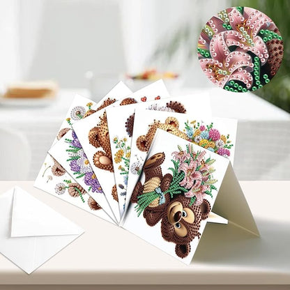 jinglinhh 12pcs Diamond Art Painting Flower Bear Greeting Cards with Envelopes, DIY Card Making Kits for Adults, Diamond Art Christmas Cards for Birthday Holiday Postcards Craft Gifts