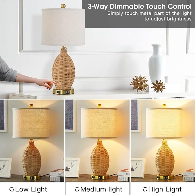 Touch Control Rattan Table Lamps, 3 Way Dimmable Bedside Lamps for Bedroom Set of 2 with 2 USB Ports and AC Outlet, Gold Wicker Nightstand Lamps for Living Room Office (LED Bulbs Included)