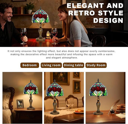 Stained Glass Lamp，Tulip Style Table Lamp，8 Inch Small Antique Lamp, for Bedside Nightstand Bedroom Living Room Home Office