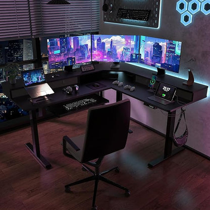 L Shaped Standing Desk with USB Charging Port & 4 Drawers,63 x 55 inch Electric Adjustable Height Corner Stand Up Desk with Keyboard Tray & Storage,Sit Stand Computer L Table for Gaming Office