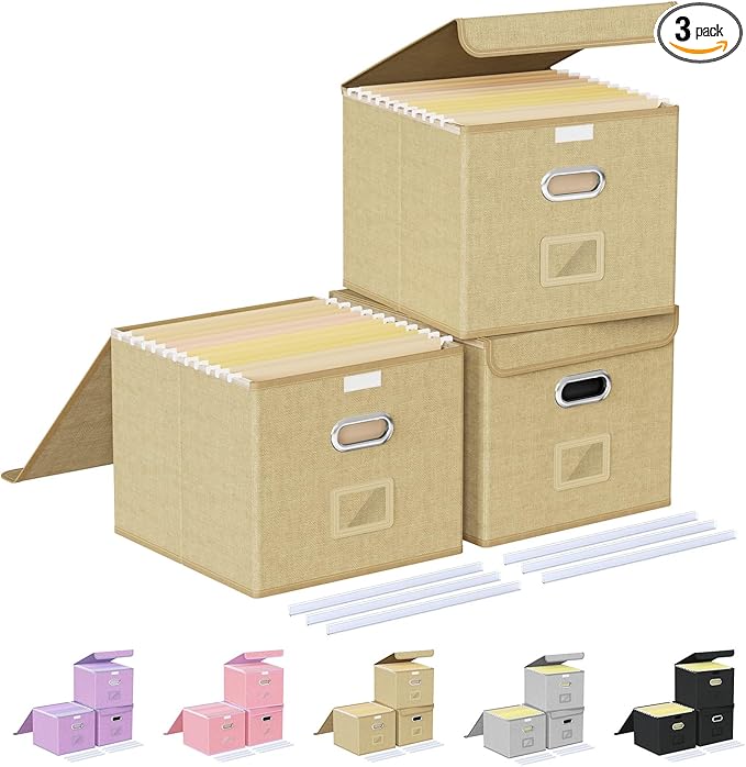 Oterri 3 Pack File Organizer Box,File Box,Small File Cabinet for Letter Folders,Khaki Portable Filing Box,Hanging File Folder Organizer with Lid for Office/Decor/Home- without Folders