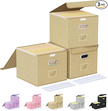 Oterri 3 Pack File Organizer Box,File Box,Small File Cabinet for Letter Folders,Khaki Portable Filing Box,Hanging File Folder Organizer with Lid for Office/Decor/Home- without Folders