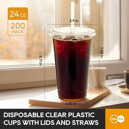 Turbo Bee 200 Sets 24 OZ Clear Plastic Cups with Lids and Straws, Disposable To Go Iced coffee cups with lids for Cold Drinks, Smoothie, and Slushie