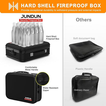 JUNDUN Fireproof Document Box,Hard Case Fireproof Document Organizer with Lock，Home Travel Portable Fireproof Safe Storage Box Case for Letter Size Documents,Files,Papers and Passport,Black