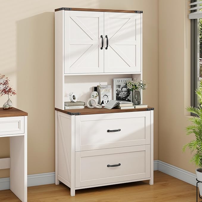 File Cabinet with 2 Drawer for Legal/Letter/A4 Size Hanging Files, Farmhouse Filing Cabinet with Adjustable Shelf, Large Wood File Cabinets for Home Office Printer Stand with Bookshelf, White