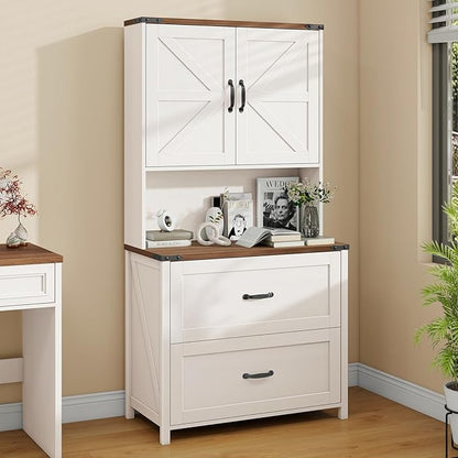 File Cabinet with 2 Drawer for Legal/Letter/A4 Size Hanging Files, Farmhouse Filing Cabinet with Adjustable Shelf, Large Wood File Cabinets for Home Office Printer Stand with Bookshelf, White