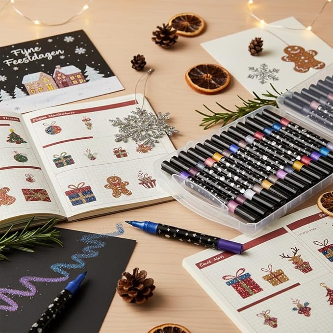 Colors Dual Tip Glitter Gel Pen Set, 2025 Upgrade Fiber Tips Smooth Sparkle Paint Markers Pen for Adults Coloring, Shimmer Metallic Glitter Markers for DIY Crafts Christmas Cards Making (24)