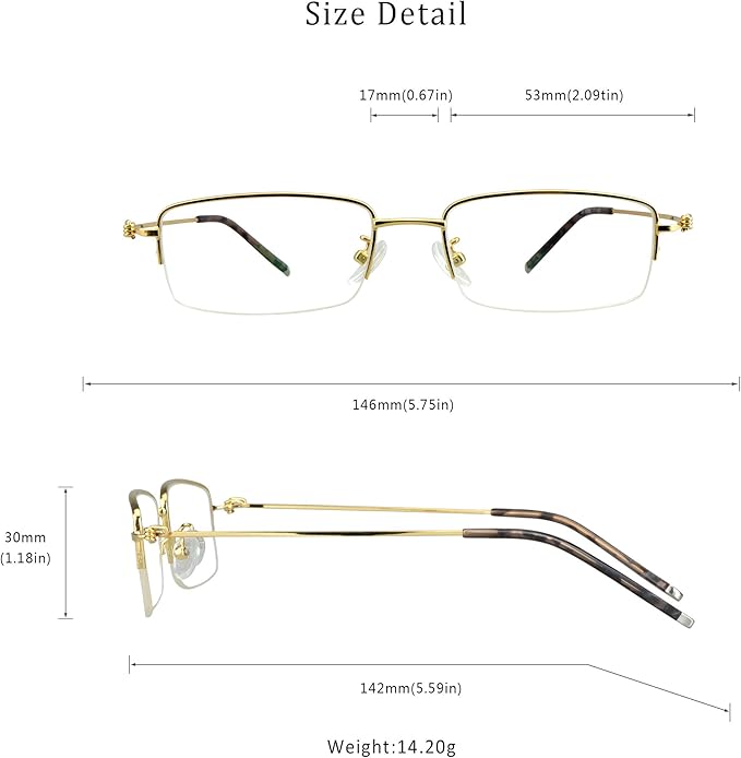 LifeArt Alloy Semi-Rimless Reading Glasses,Blue Light Blocking Glasses, Anti Eyestrain, Computer Gaming Glasses, TV Glasses for Women Men, Anti Glare (Golden, +1.00 Magnification)