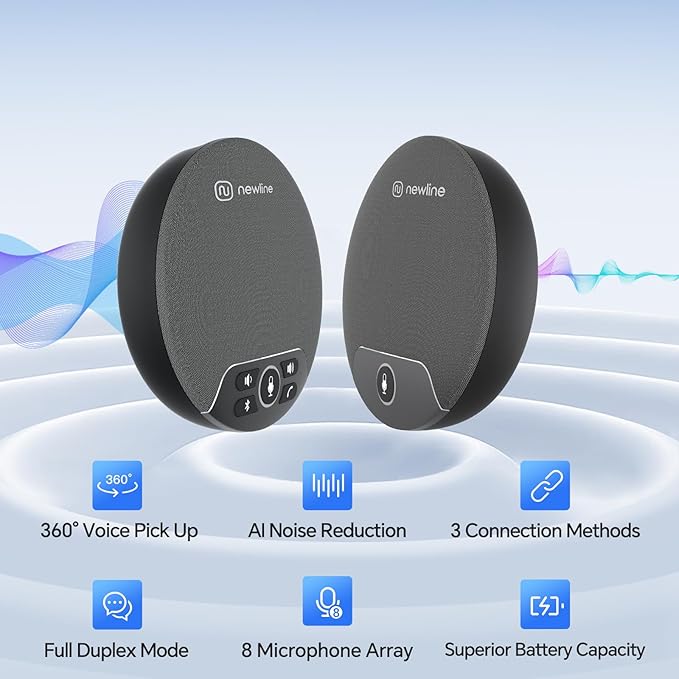 N newline Conference Speaker and Microphone, 2pk Bundle Conference Microphone w/Daisy Chain, 360° Voice Pickup, Noise Reduction, Bluetooth Speakerphone for Large Meetings Team Zoom, NewPie 90