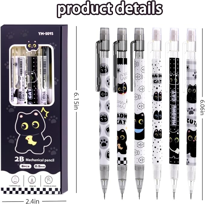 6 Pcs Black Cute Cat Mechanical Pencils with Eraser 0.5mm Kawaii Cartoon Cat Mechanical Pencil School Pencil Cat Gifts for Women Man