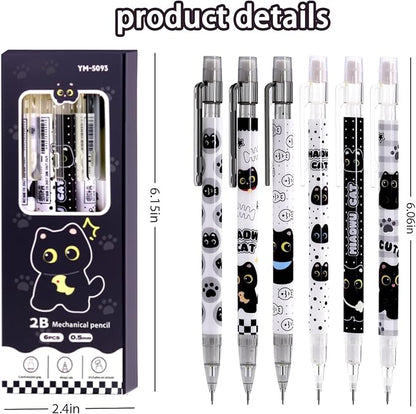 12Pcs Black Cute Cat Mechanical Pencils with Eraser 0.5mm Kawaii Cartoon Cat Mechanical Pencil School Pencil Cat Gifts for Women Man