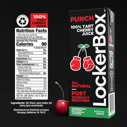 LockerBox Punch 100% Tart Cherry (40 Pack) 6.75 oz Juice Box with Straw | Organic, Sugar Free, Zero Caffeine Drink for Post Exercise Muscle Recovery, Natural Sleep Support, and Clean Daily Hydration