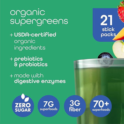 Zena Nutrition Organic Super Greens Powder Variety Pack, 70+ Superfoods, 0 Sugar, 3G Fiber, Spirulina, Chlorella, Antioxidants, Prebiotics/Probiotics, Digestive Enzymes, 21 Drink Mix Packets