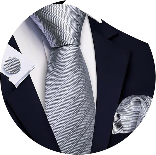 Barry.Wang Tie Sets for Men Silk Solid Necktie Stain Ties Handkerchief Pocket Square Cufflinks Wedding Business Dyed