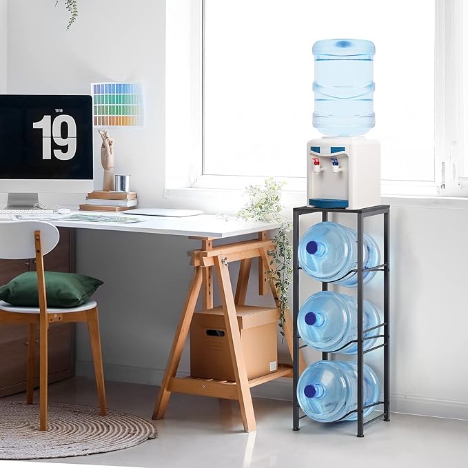 Water Bottle Holder Organizer 5 Gallon Water Jug Stand with Shelves, 3-Tier Water Bottle Dispenser Stand for Kitchen Living Room Office, Black