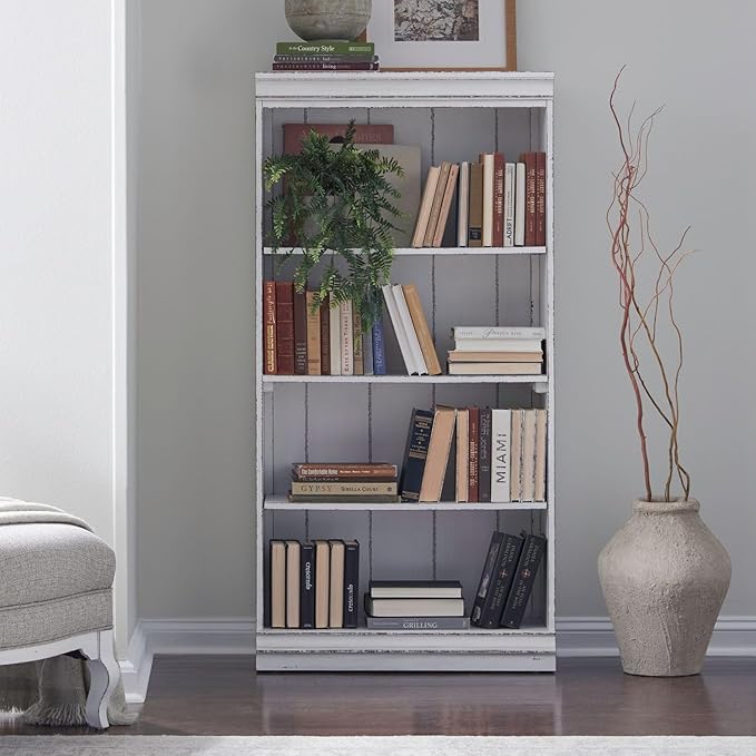 Liberty Furniture Magnolia Manor 60 Inch Bookcase for Living Room Office Storage - Antique White & Weathered Bark