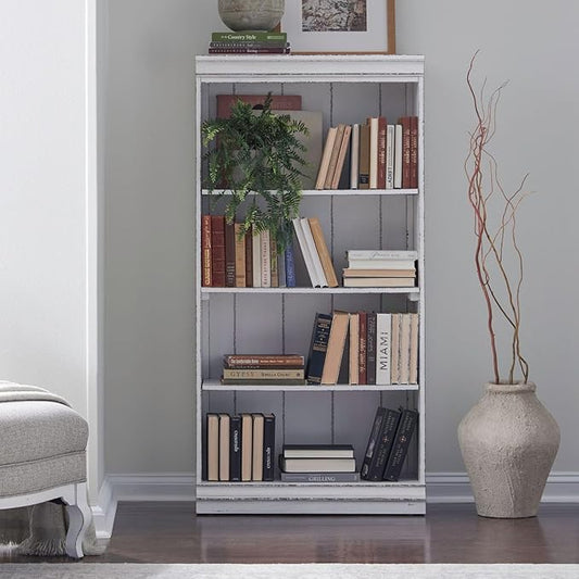 Liberty Furniture Magnolia Manor 60 Inch Bookcase for Living Room Office Storage - Antique White & Weathered Bark