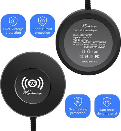 75W 6-Port Desktop Charging Station With Wireless Charger - Type-C, Quick Charge 3.0, 4 USB Ports - Multi Charger Hub for Smartphones and More (Black)